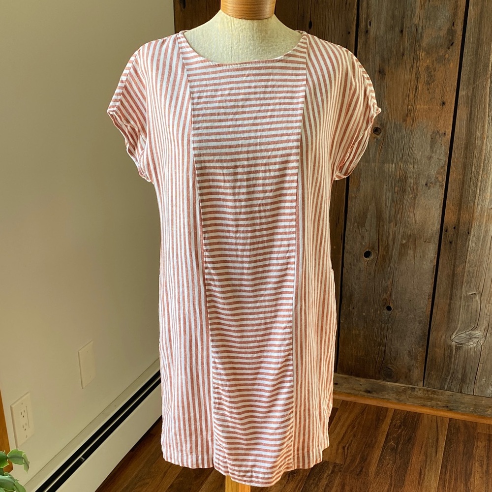 Harper linen blend rust/white stripe mini dress/tunic short sleeve Sz S